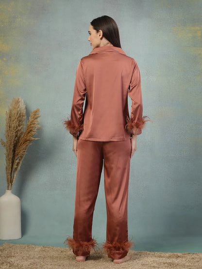 Estelle Fur-Frill Satin Co-ord Set