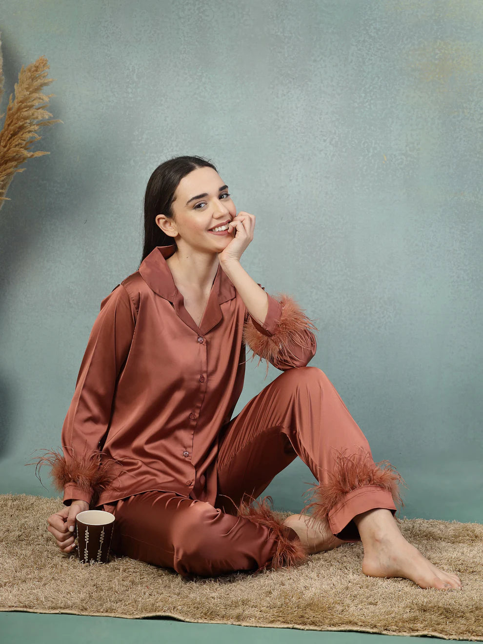 Estelle Fur-Frill Satin Co-ord Set