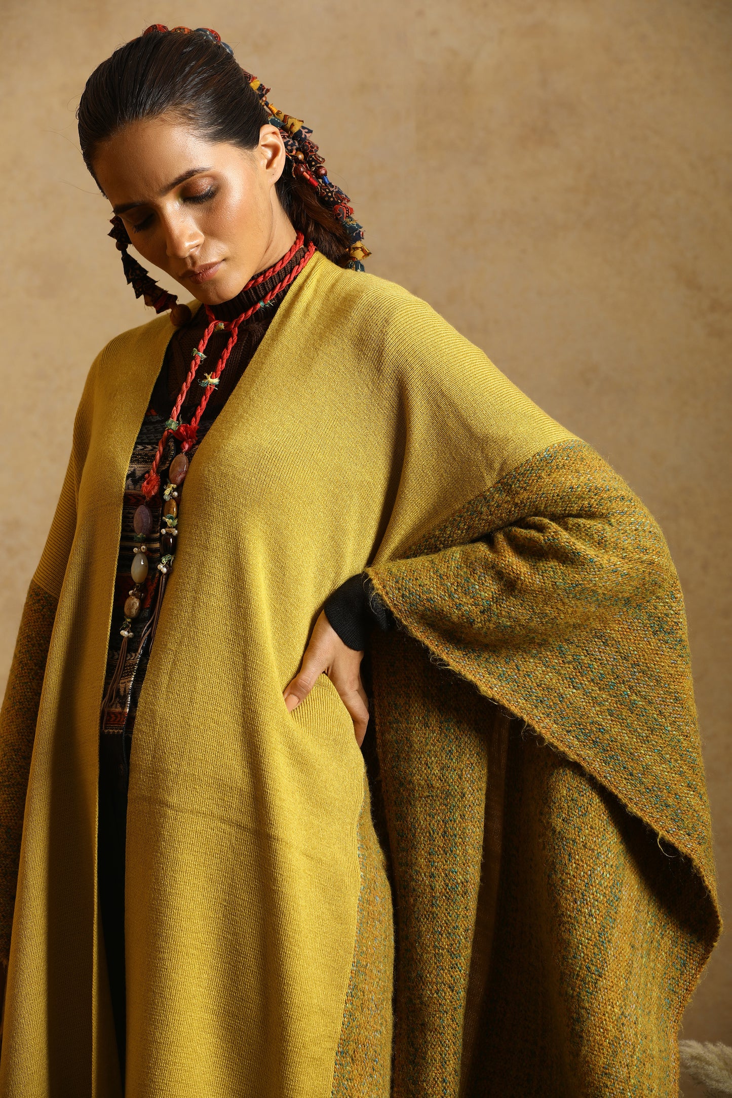 Bamboo Mustard Thick Woollen Cape