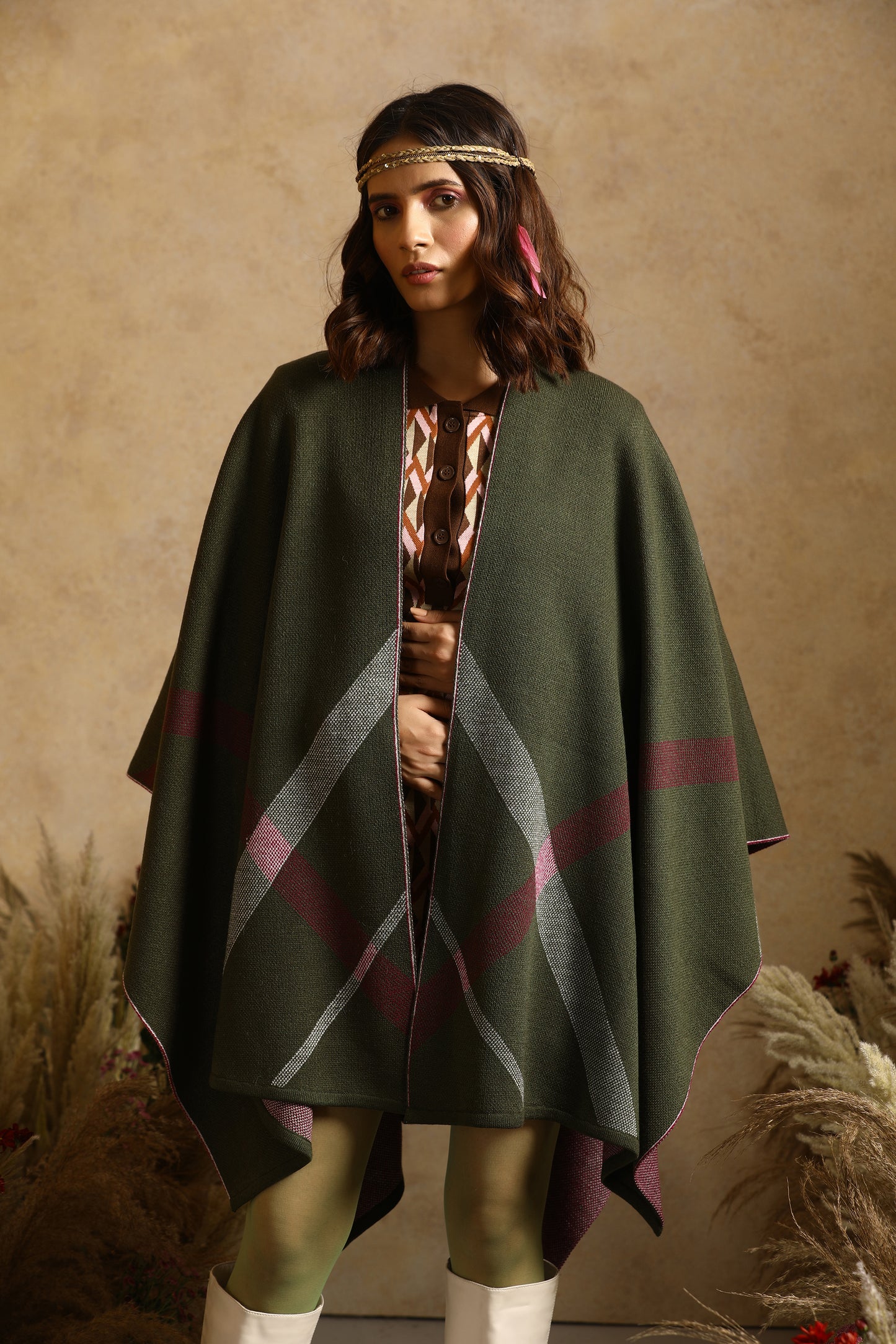 Eleanor Rigby Olive Checkered Cape