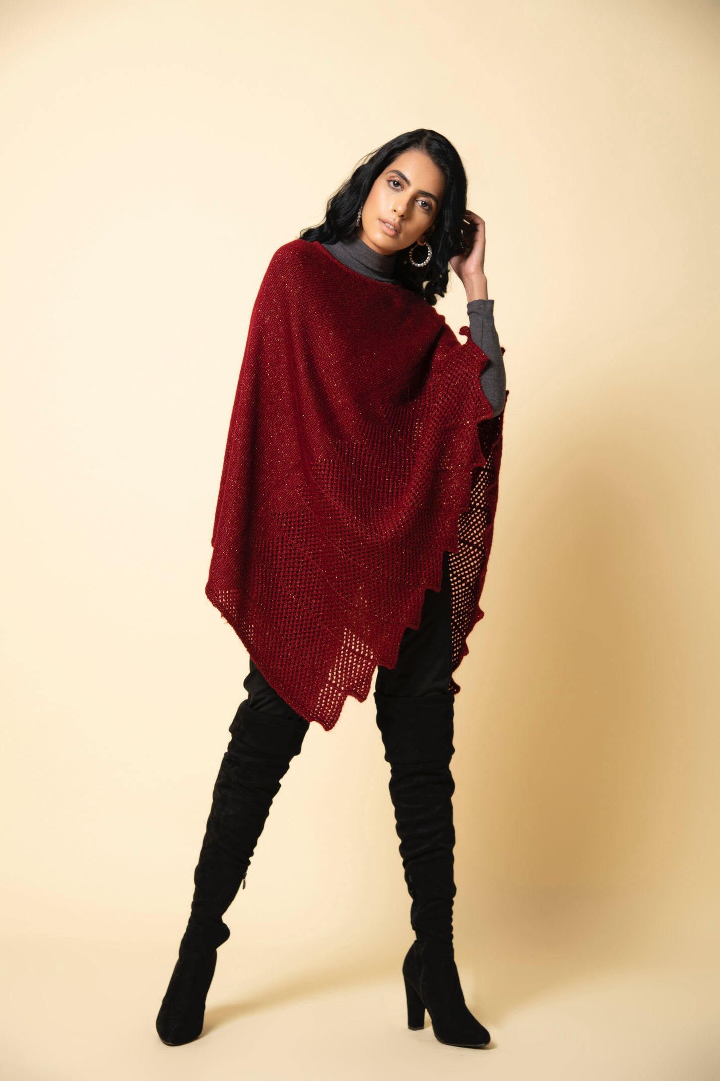 Garnet Red Festive Poncho